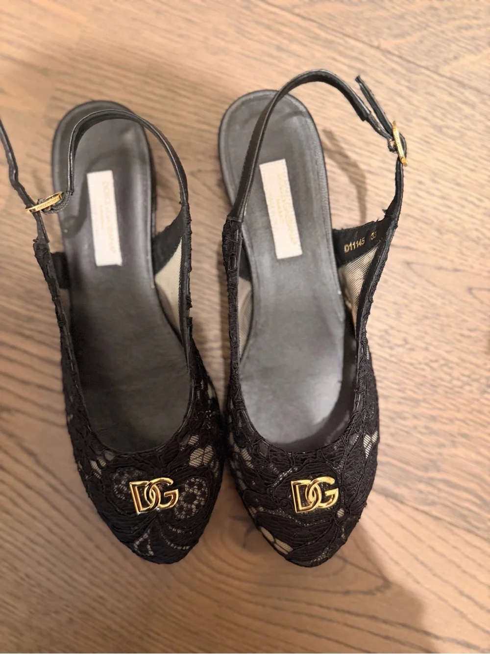 Dolce & Gabbana Black Lace Kids Slingback Shoes with Gold DG Logo